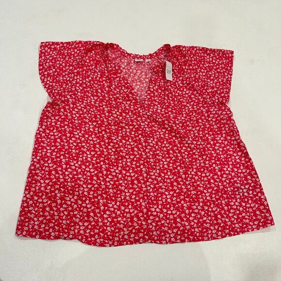 NWT GAP Red Floral Blouse Women’s Large Short Sleeve Lightweight Top - Picture 1 of 5